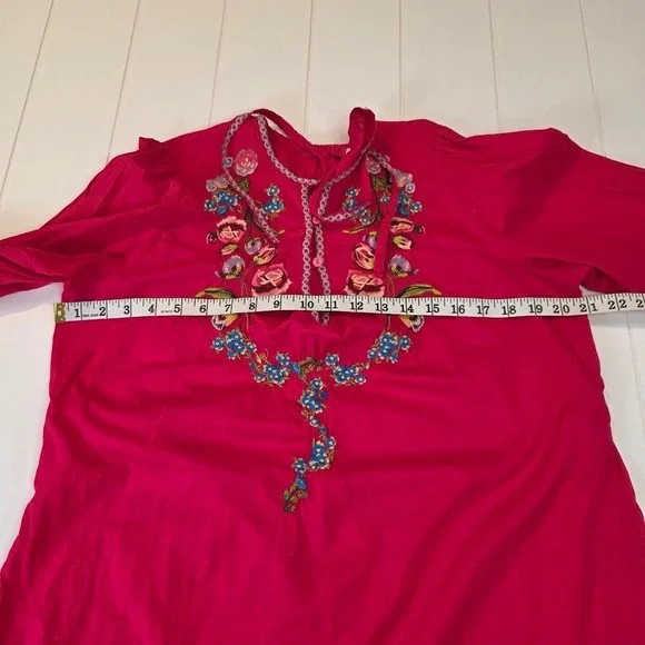 Johnny Was Women's Size M Tunic Fuchsia Pink Floral Embroidered Boho Cotton Top - Picture 7 of 9